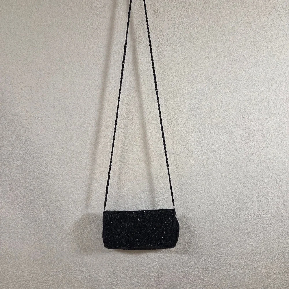 La Regale Black Beaded Evening Bag Crossbody Clutch Vintage Style Swirl Pattern
